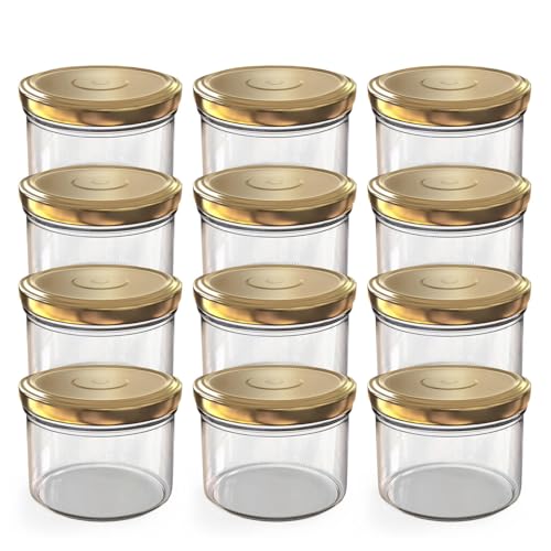 Oputec 12 x 230 ml Einmachgläser mit Schraubdeckel Gold – Perfekt für Marmeladen, Konfitüren und mehr, kleine Gläser mit Deckel, ideal als Mini-Marmeladengläser und Schraubgläser von Oputec