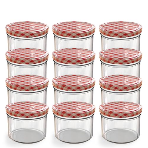 Oputec 12 x 230 ml Einmachgläser mit Schraubdeckel rot kariert – Perfekt für Marmeladen, Konfitüren und mehr, kleine Gläser mit Deckel, ideal als Mini-Marmeladengläser und Schraubgläser von Oputec