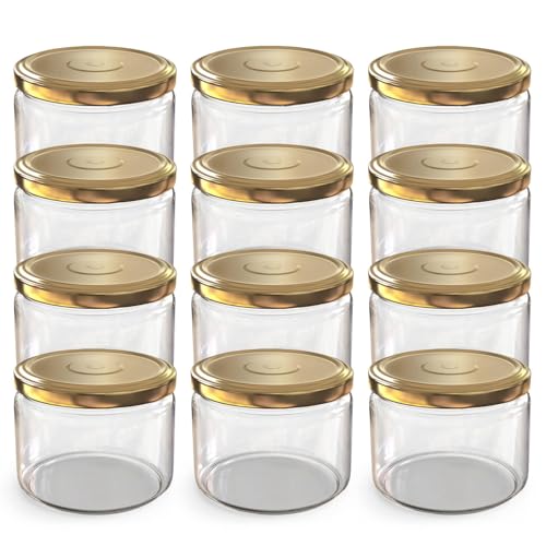 Oputec 12 x 282 ml Einmachgläser mit Schraubdeckel Gold – Perfekt für Marmeladen, Konfitüren und mehr, kleine Gläser mit Deckel, ideal als Marmeladengläser und Dip-Schraubgläser von Oputec
