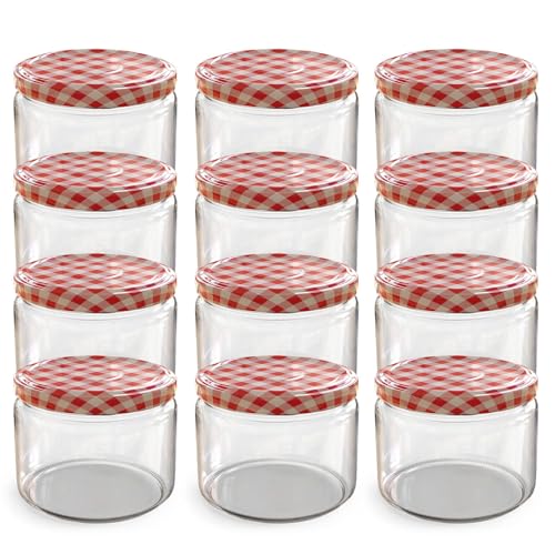 Oputec 12 x 282 ml Einmachgläser mit Schraubdeckel rot kariert – Perfekt für Marmeladen, Konfitüren und mehr, kleine Gläser mit Deckel, ideal als Marmeladengläser und Dip-Schraubgläser von Oputec