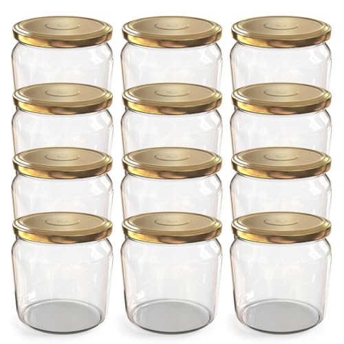 Oputec 12 x 360 ml Einmachgläser mit Schraubdeckel Gold – Perfekt für Marmeladen, Konfitüren und mehr, Vorratsgläser mit Deckel, ideal als Marmeladengläser und Schraubgläser von Oputec