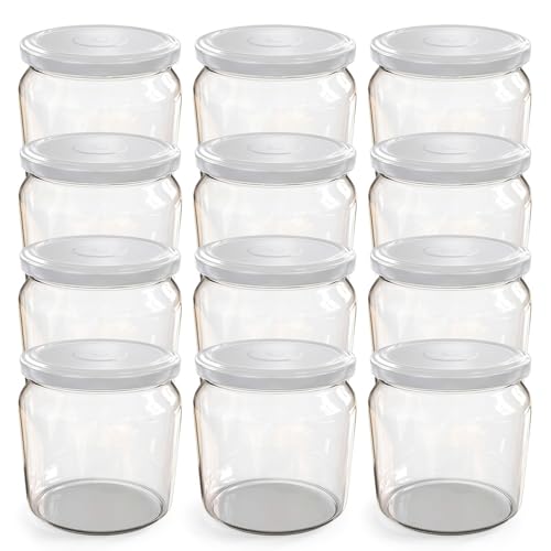 Oputec 12 x 360 ml Einmachgläser mit Schraubdeckel Weiß – Perfekt für Marmeladen, Konfitüren und mehr, Vorratsgläser mit Deckel, ideal als Marmeladengläser und Schraubgläser von Oputec