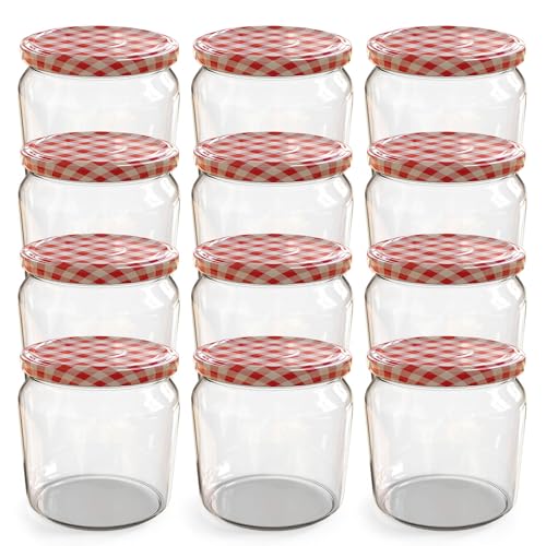Oputec 12 x 360 ml Einmachgläser mit Schraubdeckel rot kariert – Perfekt für Marmeladen, Konfitüren und mehr, Vorratsgläser mit Deckel, ideal als Marmeladengläser und Schraubgläser von Oputec