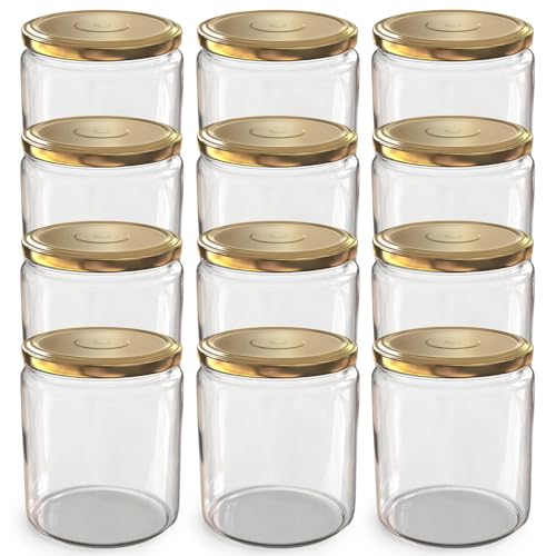 Oputec 12 x 405 ml Einmachgläser mit TO 82 Schraubdeckel Gold – Perfekt für Marmeladen, Konfitüren und mehr, große Gläser mit Deckel, ideal als Marmeladengläser und Schraubgläser von Oputec