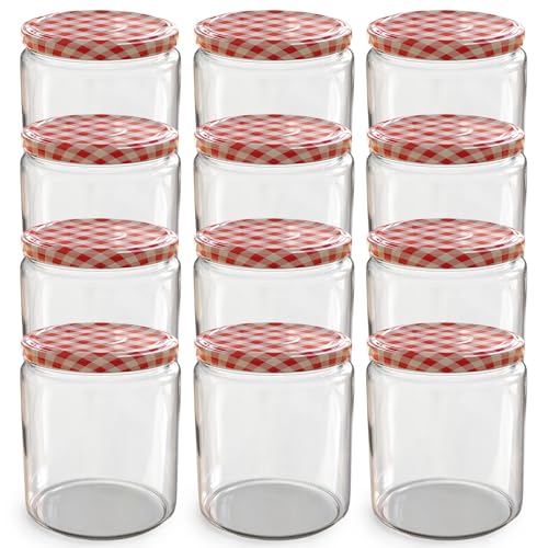 Oputec 12 x 405 ml Einmachgläser mit TO 82 Schraubdeckel rot kariert – Perfekt für Marmeladen, Konfitüren und mehr, große Gläser mit Deckel, ideal als Marmeladengläser und Schraubgläser von Oputec