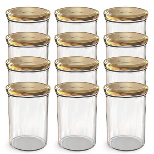 Oputec 12 x 440 ml Einmachgläser mit TO 82 Schraubdeckel Gold – Perfekt für Marmeladen, Konfitüren und mehr, große Gläser mit Deckel, ideal als Marmeladengläser und Schraubgläser von Oputec