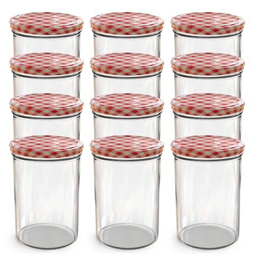 Oputec 12 x 440 ml Einmachgläser mit TO 82 Schraubdeckel rot kariert – Perfekt für Marmeladen, Konfitüren und mehr, große Gläser mit Deckel, ideal als Marmeladengläser und Schraubgläser von Oputec
