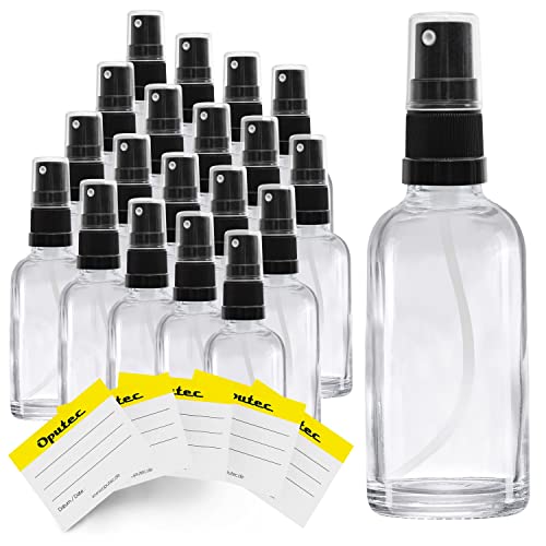 Oputec 20 x 30 ml Sprühflaschen aus Glas mit Zerstäuber + 20 Beschriftungs-Etiketten - Klarglasflaschen mit feinem Sprühkopf - Kleine Pumpspray-Flasche von Oputec