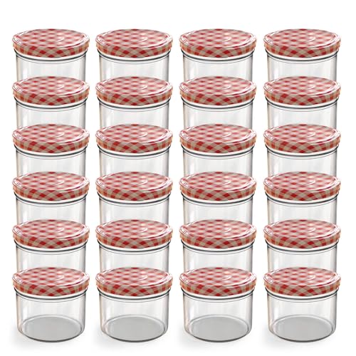 Oputec 24 x 230 ml Einmachgläser mit Schraubdeckel rot kariert – Perfekt für Marmeladen, Konfitüren und mehr, kleine Gläser mit Deckel, ideal als Mini-Marmeladengläser und Schraubgläser von Oputec