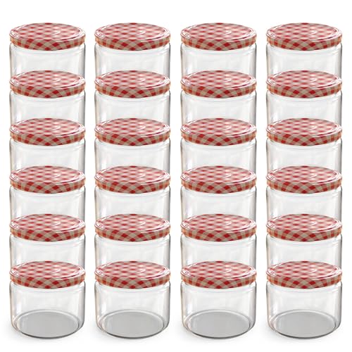 Oputec 24 x 282 ml Einmachgläser mit Schraubdeckel rot kariert – Perfekt für Marmeladen, Konfitüren und mehr, kleine Gläser mit Deckel, ideal als Marmeladengläser und Dip-Schraubgläser von Oputec