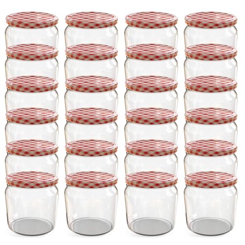 Oputec 24 x 360 ml Einmachgläser mit Schraubdeckel rot kariert – Perfekt für Marmeladen, Konfitüren und mehr, Vorratsgläser mit Deckel, ideal als Marmeladengläser und Schraubgläser von Oputec