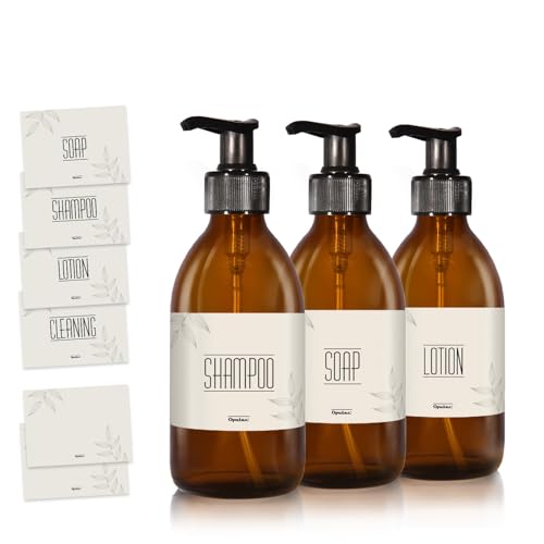 Oputec 3 x 250ml Seifenspender aus Glas + Etiketten: Extra sparsam bis -70% - Shampoo Flaschen zum Befüllen als Handseife-Spender, Pumpspender, Pumpflasche Braunglas für Küche Badezimmer von Oputec