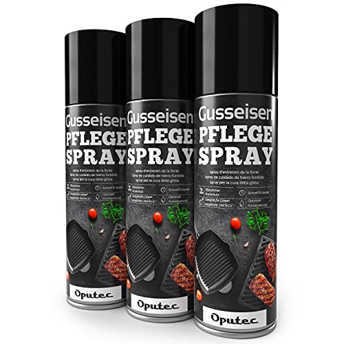 Oputec 3 x 500ml Gusseisen-Pflegespray - Ideales Grillzubehör zum Schutz & der Pflege von Gussrosten, Pfannen, Töpfen, Dutch Oven, Grillrosten, Brätern aus Gusseisen - Cast Iron Antihaft-Schutzspray von Oputec