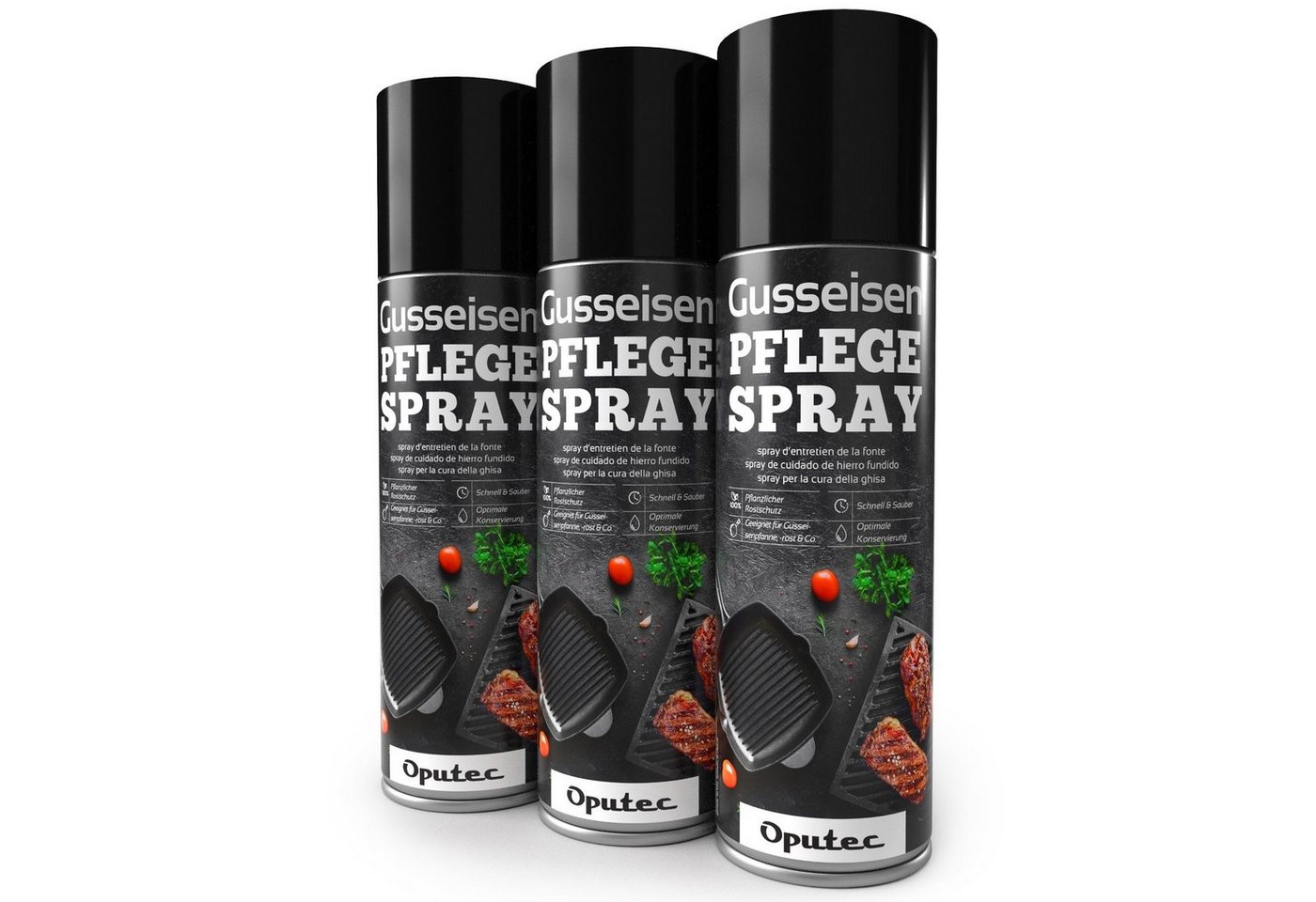 Oputec 3x500ml Gusseisen-Pflegespray - Trennspray Grill, Pfanne, Dutch Oven Grillreiniger (Spar-Set) von Oputec