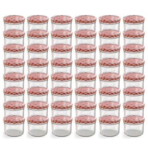 Oputec 48 x 230 ml Einmachgläser mit Schraubdeckel rot kariert – Perfekt für Marmeladen, Konfitüren und mehr, kleine Gläser mit Deckel, ideal als Mini-Marmeladengläser und Schraubgläser von Oputec
