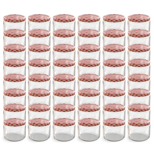 Oputec 48 x 282 ml Einmachgläser mit Schraubdeckel rot kariert – Perfekt für Marmeladen, Konfitüren und mehr, kleine Gläser mit Deckel, ideal als Marmeladengläser und Dip-Schraubgläser von Oputec