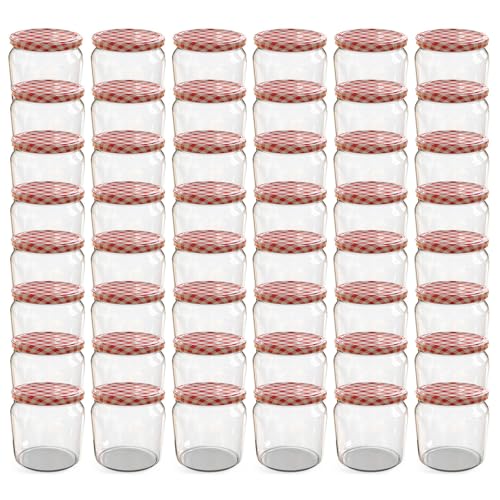 Oputec 48 x 360 ml Einmachgläser mit Schraubdeckel rot kariert – Perfekt für Marmeladen, Konfitüren und mehr, Vorratsgläser mit Deckel, ideal als Marmeladengläser und Schraubgläser von Oputec