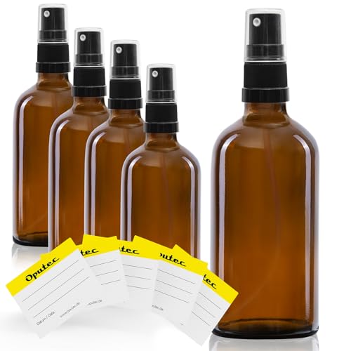 Oputec 5 x 100 ml Sprühflaschen aus Glas mit Zerstäuber + 5 Beschriftungs-Etiketten - Braunglasflaschen mit feinem Sprühkopf - Kleine Pumpspray-Flasche von Oputec