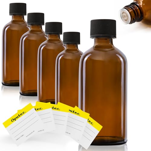 Oputec 5 x 100 ml Tropfflaschen aus Glas + 5 Beschriftungs-Etiketten - Braune Apothekerflaschen mit Tröpfler - Kleine Glasflaschen mit Schraubverschluss von Oputec
