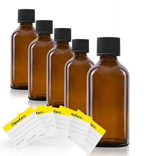 Oputec 5 x 50 ml Tropfflaschen aus Glas + 5 Beschriftungs-Etiketten - Braune Apothekerflaschen mit Tröpfler - Kleine Glasflaschen mit Schraubverschluss von Oputec