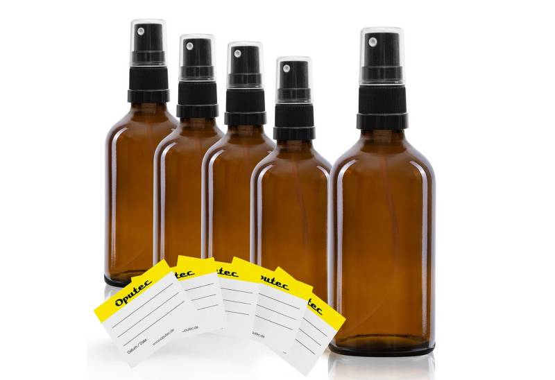 Oputec Sprühflasche 5 x 50ml Braunglas - Sprühflasche, schwarzer Zerstäuber + 5 Etiketten, (Sparset, 5x 50ml) von Oputec