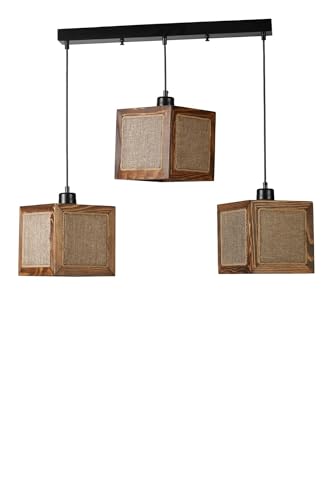 Elegant Chandelier with FIR Wood Body & Natural Fabric Cap, Adjustable Height, E27 Socket, 70 cm Total Height | Rattan & Walnut Design, Stylish Lighting for Home Decor von Opviq