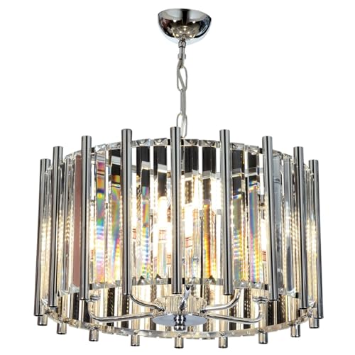 Elegant Chrome Chandelier, 57 cm Height, 45 cm Diameter | Metal Body with Crystal Cap | 6 x E14 Max 40W | Modern Glam Design for Hotels & Homes Elegant Chrome Chandelier, 57 cm Height, 45 cm Diameter | Metal Body with Crystal Cap | 6 x E14 Max 40W | Modern Glam Design for Hotels & Homes von Opviq