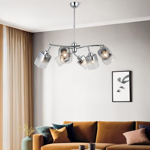 Elegant Chrome Chandelier, Metal Body, Adjustable Height 57-79 cm, Ø10 Glass Cap, 6 x E27 Socket, Modern Lighting for Home & Office Décor Elegant Chrome Chandelier, Metal Body, Adjustable Height 57-79 cm, Ø10 Glass Cap, 6 x E27 Socket, Modern Lighting for Home & Office Décor von Opviq