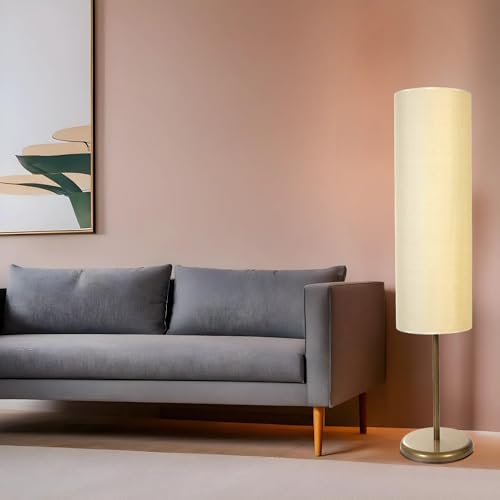 Elegant Floor Lamp with Metal Body & Bamboo Cap, 140 cm Height, 30 cm Diameter, Gold & Cream | E27 Socket, On-Off Switch, Stylish Lighting for Home Decor von Opviq