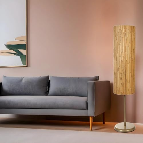 Elegant Floor Lamp with Metal Body & Bamboo Cap, 140 cm Height, 30 cm Diameter, Oak & Gold Finish | E27 Socket, On-Off Switch, Stylish Lighting for Home von Opviq
