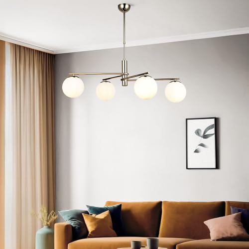 Elegant Gold Chandelier, Metal Body with Glass Cap, Adjustable Height 58-73 cm, 4 x E27 Socket, Stylish Lighting for Modern Homes, IP20 Rated von Opviq