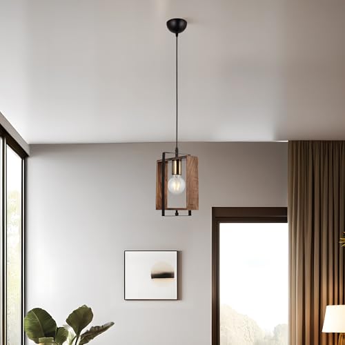Elegant Metal Chandelier with Wooden Cap, Adjustable Height 50-82 cm, Antiquation & Black Finish | E27 Socket, Max 40W | Stylish Lighting for Home Decor von Opviq