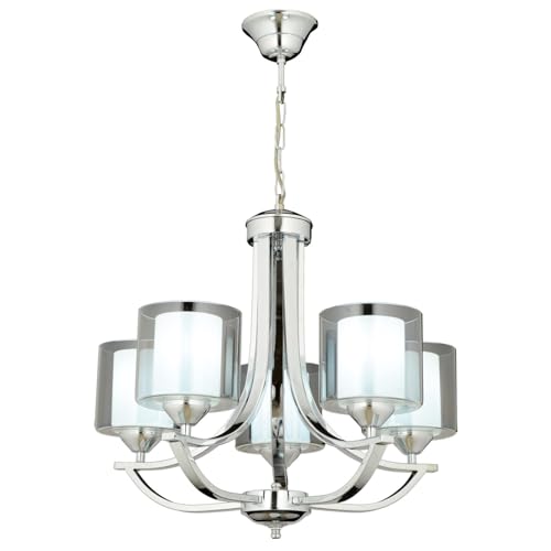 Modern Chrome Chandelier, 82 cm Height, 55 cm Diameter | Metal Body, Glass Cap, 5 x E27 Max 40W | Elegant Silver Design for Home & Office Modern Chrome Chandelier, 82 cm Height, 55 cm Diameter | Metal Body, Glass Cap, 5 x E27 Max 40W | Elegant Silver Design for Home & Office von Opviq