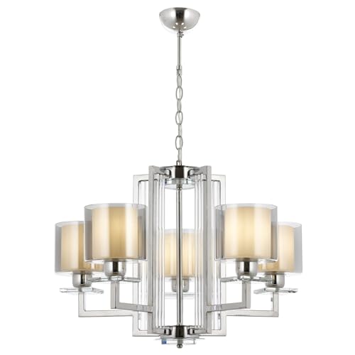 Modern Chrome Chandelier, 90 cm Height x 70 cm Diameter, 5 x E27 Max 40W, Elegant Glass Cap, Solid White Color, Perfect for Glam Home Décor Modern Chrome Chandelier, 90 cm Height x 70 cm Diameter, 5 x E27 Max 40W, Elegant Glass Cap, Solid White Color, Perfect for Glam Home Décor von Opviq