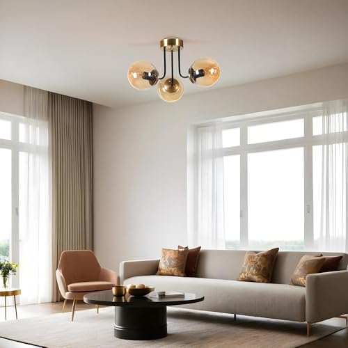 Opviq Elegant Amber & Gold Chandelier, Metal Body, 40 cm Diameter, 30 cm Height, E27 Socket Max 40W, IP20 | Perfect for Modern Living Spaces & Dining Rooms von Opviq