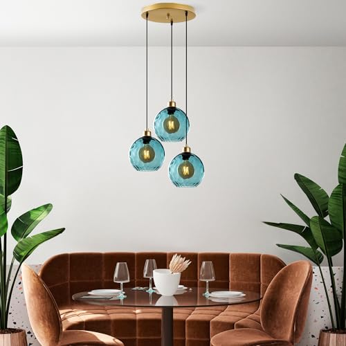 Opviq Elegant Blue Chandelier, Adjustable Height 40-120 cm, Metal Body, Ø20 cm Cap, 3 x E27 Max 40W, Perfect for Modern Living Spaces | IP20 Rated von Opviq