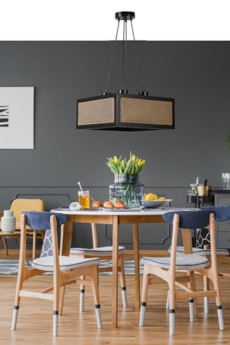 Opviq Elegant Chandelier with FIR Wood Body & Natural Fabric Cap, Adjustable Height 70 cm, Black & Rattan Colors, E27 Socket Max 40W | Stylish Lighting for Modern Spaces von Opviq