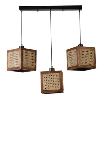 Opviq Elegant Chandelier with FIR Wood Body & Natural Rattan Cap, Adjustable Height 70 cm, E27 Socket, 18 cm Diameter | Stylish Walnut & Rattan Design for Modern Spaces von Opviq