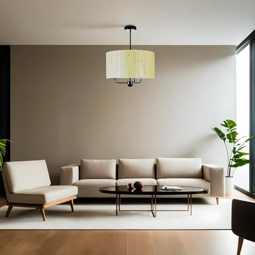 Opviq Elegant Chandelier with Metal Body & Bamboo Cap, 45 cm Diameter, Adjustable Height, E27 Socket, Oak & Green Finish | Perfect for Modern Spaces von Opviq