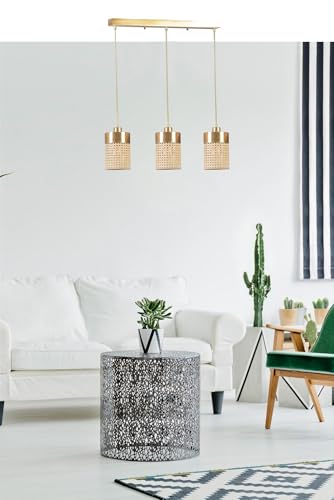 Opviq Elegant Chandelier with Metal Body & Natural Rattan Cap, Antique Coated, 70 cm Height, E27 Socket, Gold & Rattan Finish | Adjustable & Stylish Lighting Solution von Opviq