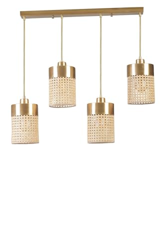 Opviq Elegant Chandelier with Metal Body & Natural Rattan Cap, Antique Coated, Adjustable Height, E27 Socket, 14 cm Diameter, 70 cm Total Height, Gold Finish. von Opviq