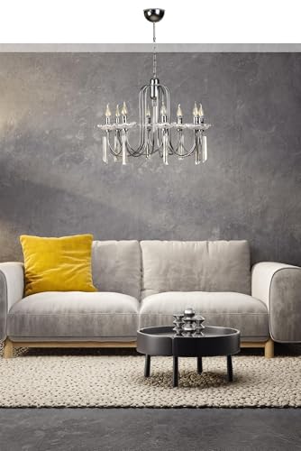 Opviq Elegant Chrome Chandelier, Adjustable Height 85 cm, 65 cm Diameter, Metal Body with Crystal Glass & Stone, E14 Socket, Perfect for Modern Spaces Opviq Elegant Chrome Chandelier, Adjustable Height 85 cm, 65 cm Diameter, Metal Body with Crystal Glass & Stone, E14 Socket, Perfect for Modern Spaces von Opviq
