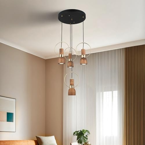 Opviq Elegant Chrome Chandelier with Wooden Cap, Adjustable Height 50-172 cm, 4 x GU10 Bulbs Included, Metal Body, IP20 | Perfect for Modern Interiors Opviq Elegant Chrome Chandelier with Wooden Cap, Adjustable Height 50-172 cm, 4 x GU10 Bulbs Included, Metal Body, IP20 | Perfect for Modern Interiors von Opviq