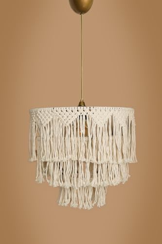 Opviq Elegant Cream Chandelier with Macrame Cap, 40 cm Width x 30 cm Height, E27 Socket (Max 40W), Stylish Plastic Body, Perfect for Modern Decor von Opviq