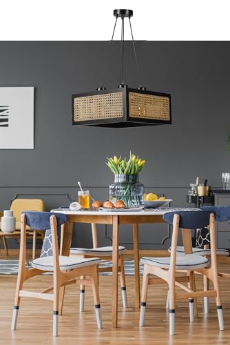 Opviq Elegant FIR Wood Chandelier with Natural Rattan Cap, Adjustable Height 70 cm, 41 cm Diameter, E27 Socket, Stylish Black & Rattan Design for Modern Spaces von Opviq