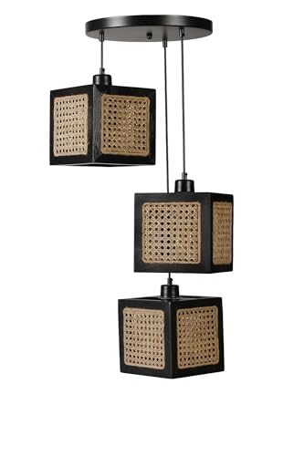 Opviq Elegant FIR Wood Chandelier with Natural Rattan Cap, Adjustable Height 70 cm | 18 cm Diameter | E27 Socket, Max 40W | Stylish Black & Rattan Design for Modern Spaces Opviq Elegant FIR Wood Chandelier with Natural Rattan Cap, Adjustable Height 70 cm | 18 cm Diameter | E27 Socket, Max 40W | Stylish Black & Rattan Design for Modern Spaces von Opviq