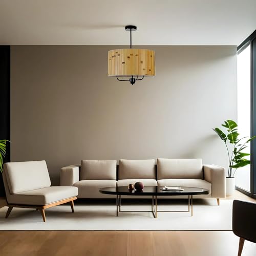 Opviq Elegant Metal Chandelier with Bamboo Cap, 45 cm Diameter, Adjustable Height, E27 Socket, Oak & Black Finish | Perfect for Modern Spaces, IP20 Rated Opviq Elegant Metal Chandelier with Bamboo Cap, 45 cm Diameter, Adjustable Height, E27 Socket, Oak & Black Finish | Perfect for Modern Spaces, IP20 Rated von Opviq