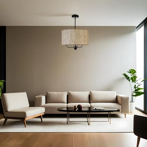 Opviq Elegant Metal Chandelier with Bamboo Cap, 45 cm Diameter, Adjustable Height, E27 Socket, Oak & Black Finish | Perfect for Modern Spaces, IP20 Rated von Opviq