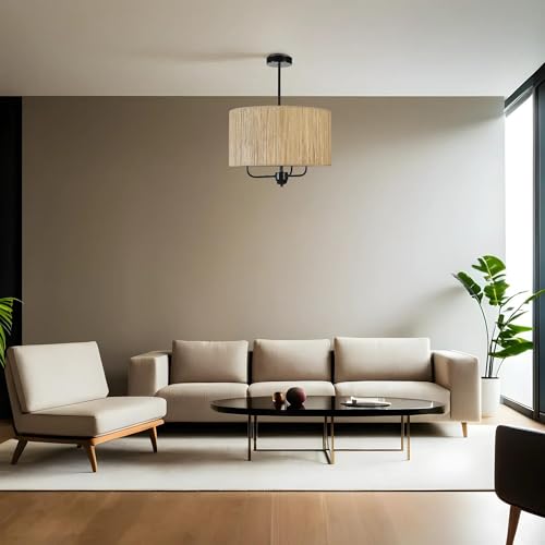 Opviq Elegant Metal Chandelier with Bamboo Cap, 45 cm Diameter, Adjustable Height, E27 Socket, Oak & Black Finish | Perfect for Modern Spaces, IP20 Rated Opviq Elegant Metal Chandelier with Bamboo Cap, 45 cm Diameter, Adjustable Height, E27 Socket, Oak & Black Finish | Perfect for Modern Spaces, IP20 Rated von Opviq