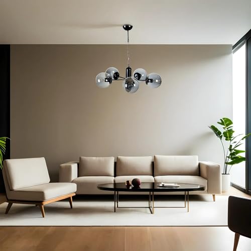 Opviq Elegant Metal Chandelier with Glass Cap, 45 cm Diameter, 70 cm Height | E27 Socket, Max 40W | Stylish Black & Fume Finish for Modern Spaces Opviq Elegant Metal Chandelier with Glass Cap, 45 cm Diameter, 70 cm Height | E27 Socket, Max 40W | Stylish Black & Fume Finish for Modern Spaces von Opviq
